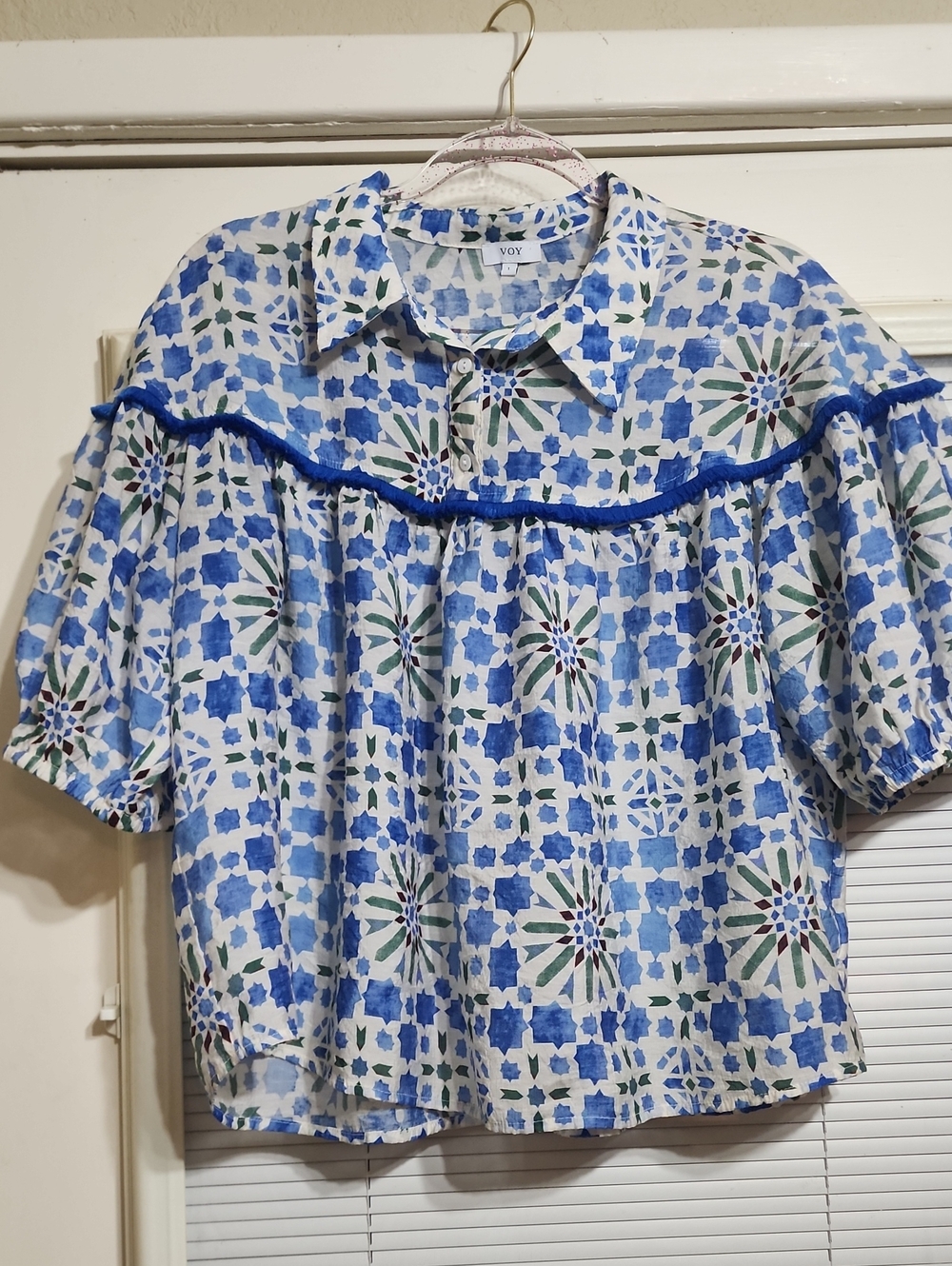 Voy Blue Patterned Short-Sleeve Peasant Blouse